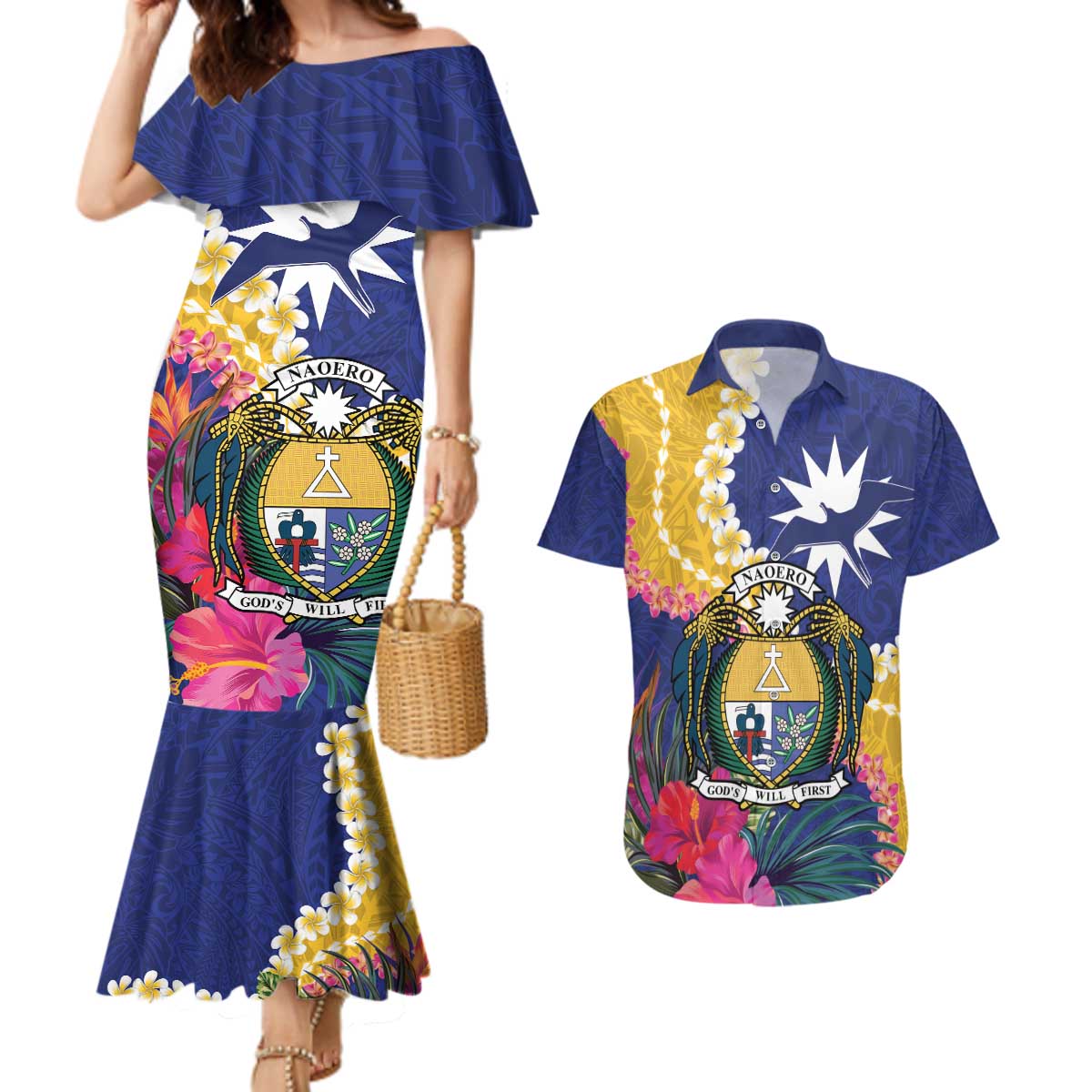 Nauru Independence Day Couples Matching Mermaid Dress and Hawaiian Shirt Coat Of Arms With Tropical Flowers LT14 Blue - Polynesian Pride