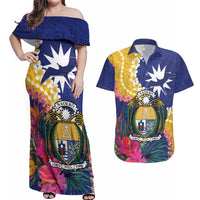 Nauru Independence Day Couples Matching Off Shoulder Maxi Dress and Hawaiian Shirt Coat Of Arms With Tropical Flowers LT14 Blue - Polynesian Pride