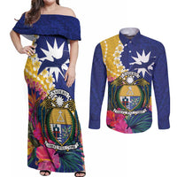 Nauru Independence Day Couples Matching Off Shoulder Maxi Dress and Long Sleeve Button Shirt Coat Of Arms With Tropical Flowers LT14 Blue - Polynesian Pride