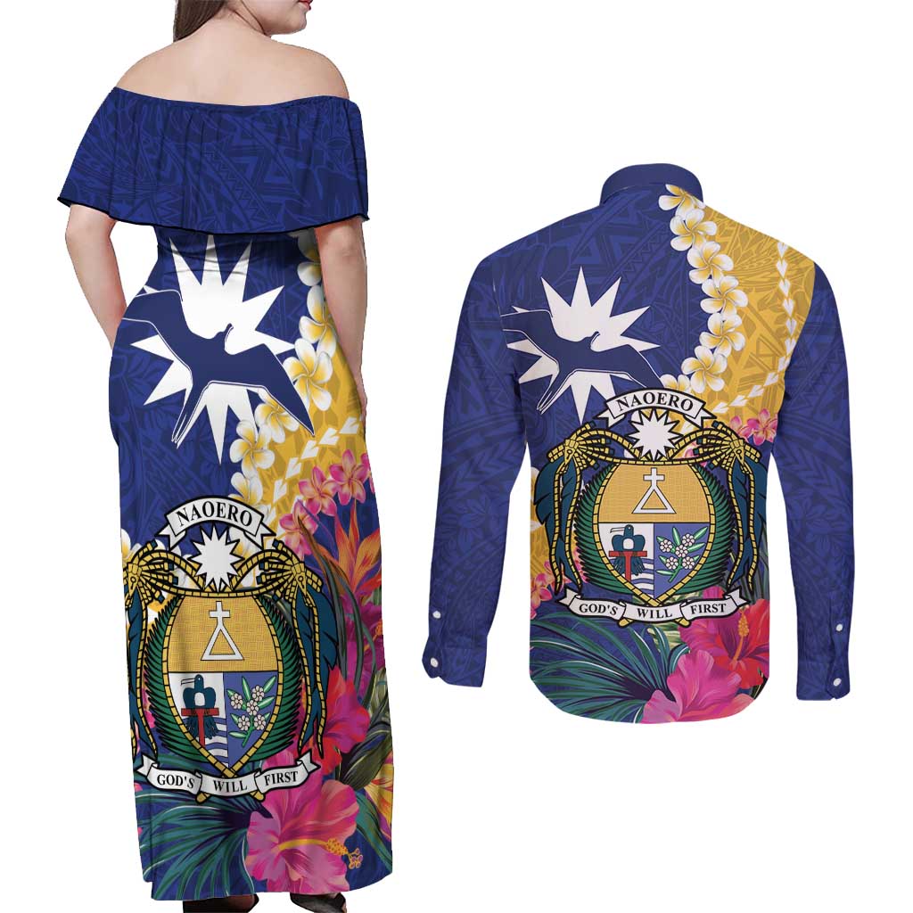 Nauru Independence Day Couples Matching Off Shoulder Maxi Dress and Long Sleeve Button Shirt Coat Of Arms With Tropical Flowers LT14 - Polynesian Pride