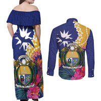 Nauru Independence Day Couples Matching Off Shoulder Maxi Dress and Long Sleeve Button Shirt Coat Of Arms With Tropical Flowers LT14 - Polynesian Pride