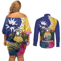 Nauru Independence Day Couples Matching Off Shoulder Short Dress and Long Sleeve Button Shirt Coat Of Arms With Tropical Flowers LT14 - Polynesian Pride