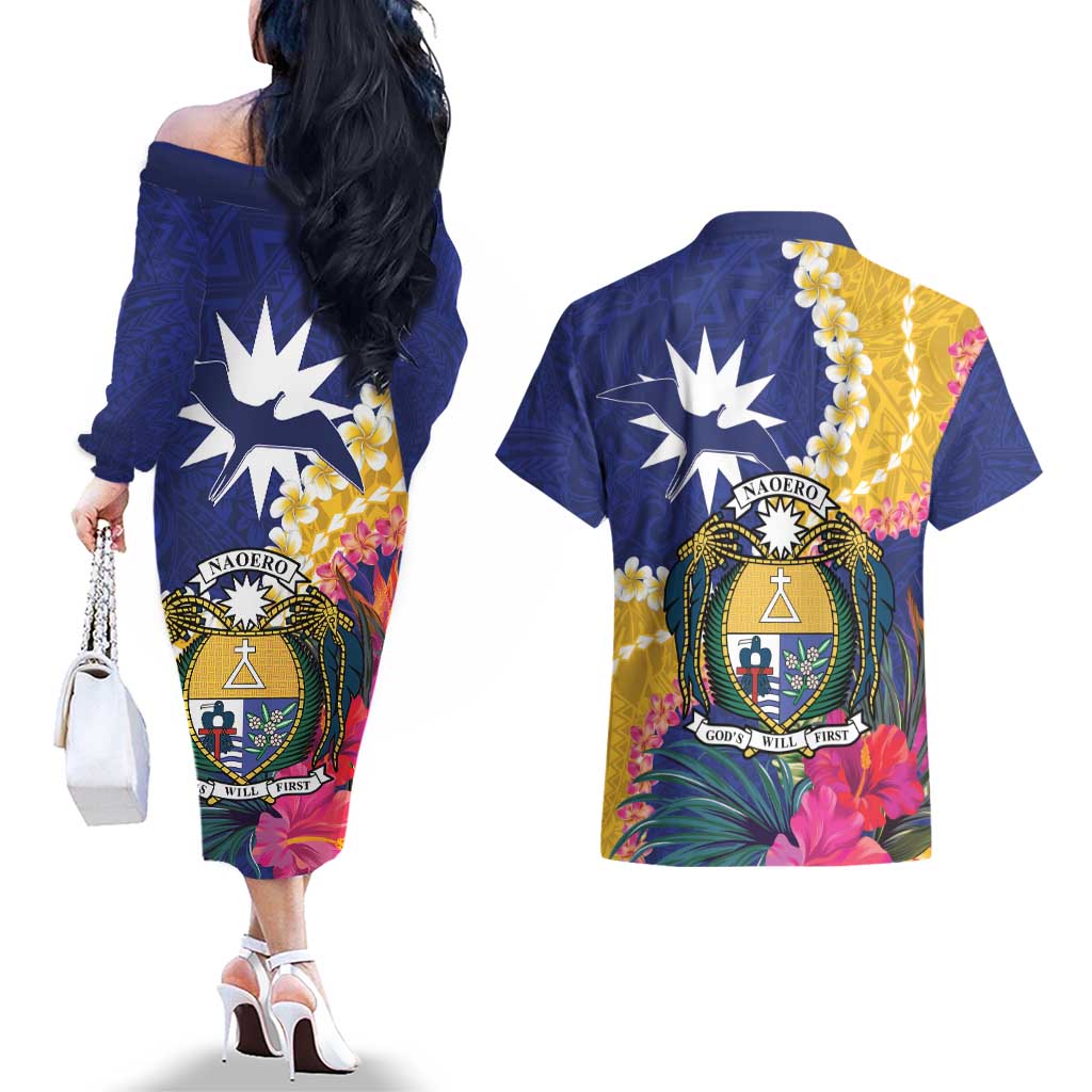Nauru Independence Day Couples Matching Off The Shoulder Long Sleeve Dress and Hawaiian Shirt Coat Of Arms With Tropical Flowers LT14 - Polynesian Pride