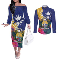 Nauru Independence Day Couples Matching Off The Shoulder Long Sleeve Dress and Long Sleeve Button Shirt Coat Of Arms With Tropical Flowers LT14 Blue - Polynesian Pride