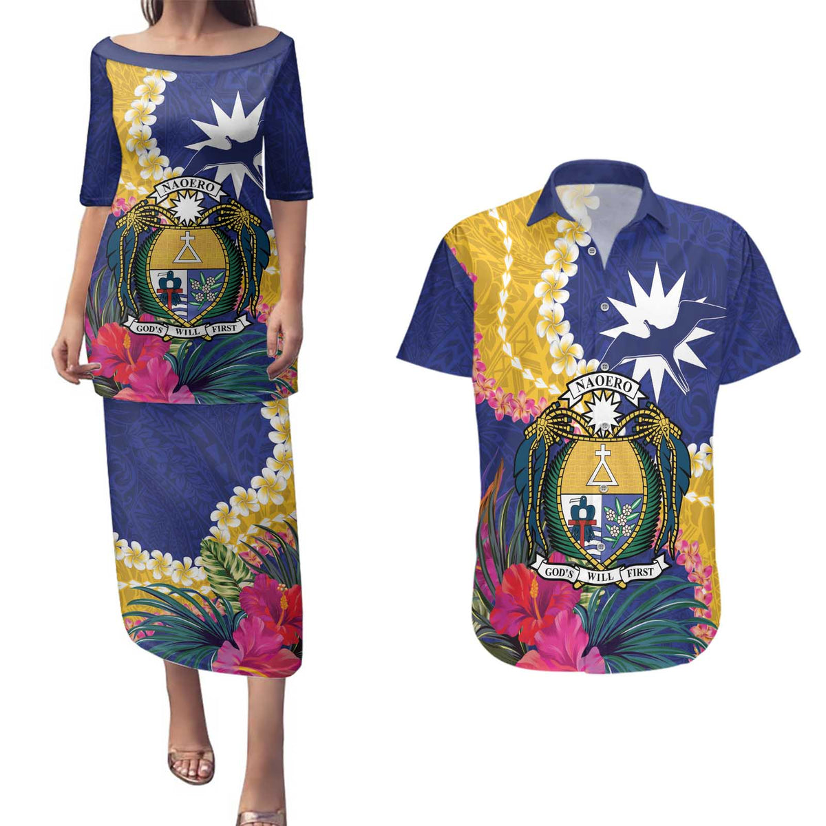 Nauru Independence Day Couples Matching Puletasi and Hawaiian Shirt Coat Of Arms With Tropical Flowers LT14 Blue - Polynesian Pride