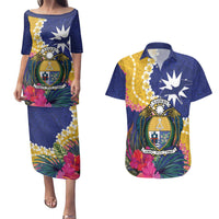 Nauru Independence Day Couples Matching Puletasi and Hawaiian Shirt Coat Of Arms With Tropical Flowers LT14 Blue - Polynesian Pride