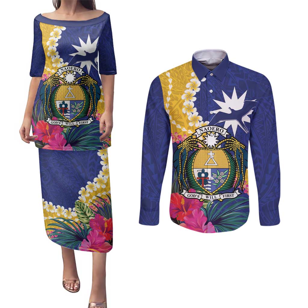 Nauru Independence Day Couples Matching Puletasi and Long Sleeve Button Shirt Coat Of Arms With Tropical Flowers LT14 Blue - Polynesian Pride