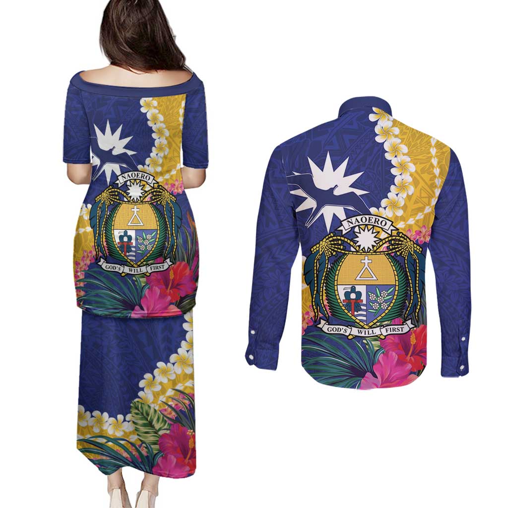 Nauru Independence Day Couples Matching Puletasi and Long Sleeve Button Shirt Coat Of Arms With Tropical Flowers LT14 - Polynesian Pride