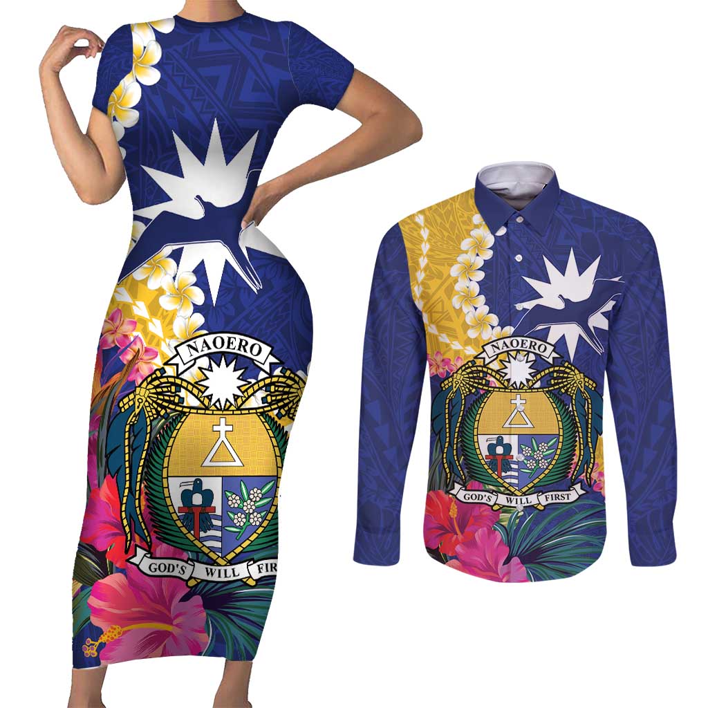 Nauru Independence Day Couples Matching Short Sleeve Bodycon Dress and Long Sleeve Button Shirt Coat Of Arms With Tropical Flowers LT14 Blue - Polynesian Pride