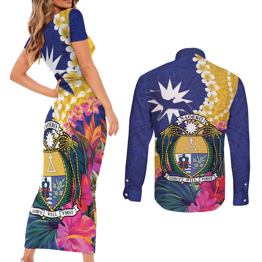 Nauru Independence Day Couples Matching Short Sleeve Bodycon Dress and Long Sleeve Button Shirt Coat Of Arms With Tropical Flowers LT14 - Polynesian Pride