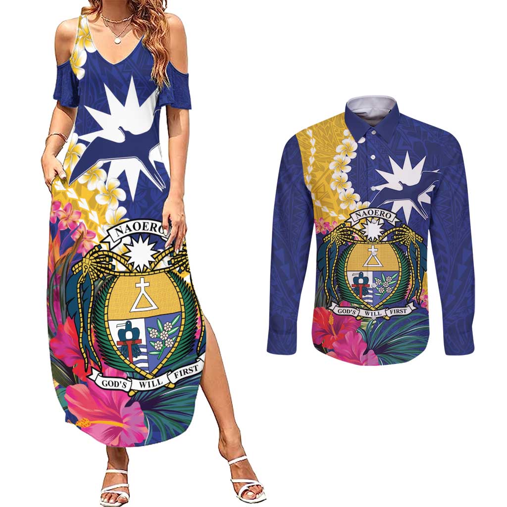 Nauru Independence Day Couples Matching Summer Maxi Dress and Long Sleeve Button Shirt Coat Of Arms With Tropical Flowers LT14 Blue - Polynesian Pride