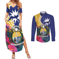 Nauru Independence Day Couples Matching Summer Maxi Dress and Long Sleeve Button Shirt Coat Of Arms With Tropical Flowers LT14 Blue - Polynesian Pride