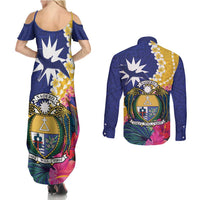 Nauru Independence Day Couples Matching Summer Maxi Dress and Long Sleeve Button Shirt Coat Of Arms With Tropical Flowers LT14 - Polynesian Pride
