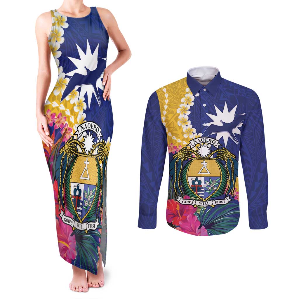 Nauru Independence Day Couples Matching Tank Maxi Dress and Long Sleeve Button Shirt Coat Of Arms With Tropical Flowers LT14 Blue - Polynesian Pride