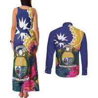 Nauru Independence Day Couples Matching Tank Maxi Dress and Long Sleeve Button Shirt Coat Of Arms With Tropical Flowers LT14 - Polynesian Pride