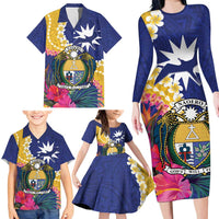 Nauru Independence Day Family Matching Long Sleeve Bodycon Dress and Hawaiian Shirt Coat Of Arms With Tropical Flowers LT14 - Polynesian Pride