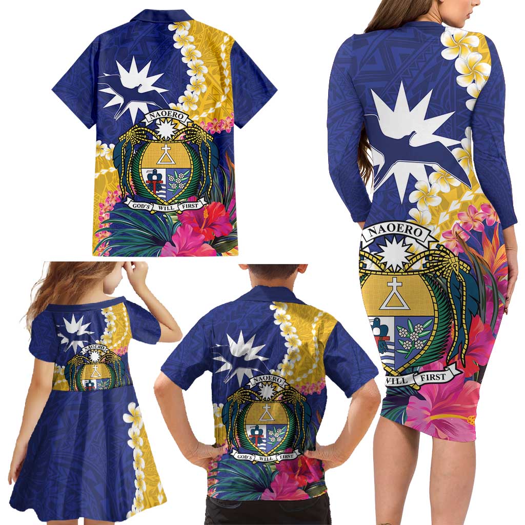 Nauru Independence Day Family Matching Long Sleeve Bodycon Dress and Hawaiian Shirt Coat Of Arms With Tropical Flowers LT14 - Polynesian Pride