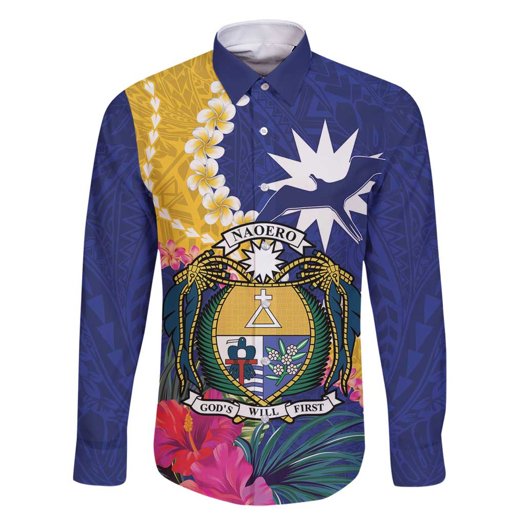 Nauru Independence Day Family Matching Long Sleeve Bodycon Dress and Hawaiian Shirt Coat Of Arms With Tropical Flowers LT14 Dad's Shirt - Long Sleeve Blue - Polynesian Pride