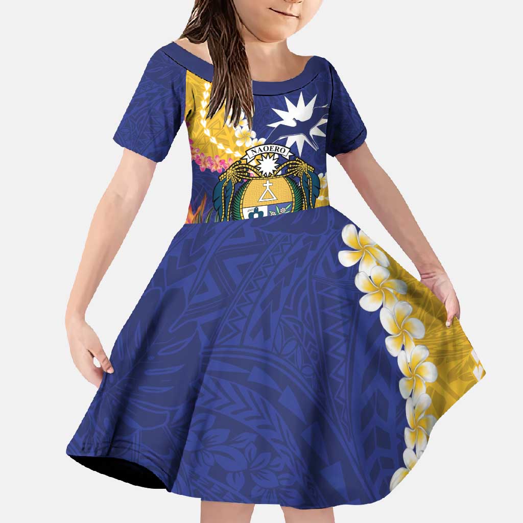 Nauru Independence Day Family Matching Mermaid Dress and Hawaiian Shirt Coat Of Arms With Tropical Flowers LT14 Daughter's Dress Blue - Polynesian Pride