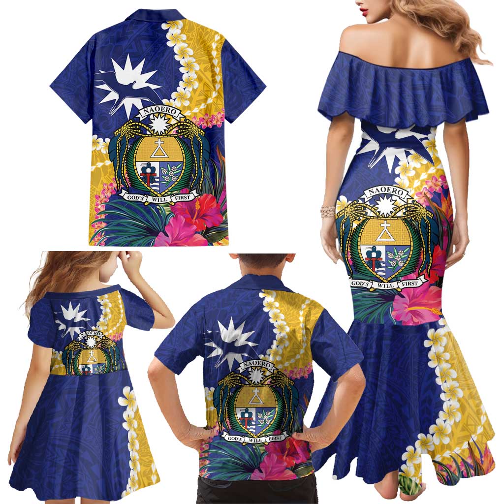 Nauru Independence Day Family Matching Mermaid Dress and Hawaiian Shirt Coat Of Arms With Tropical Flowers LT14 - Polynesian Pride