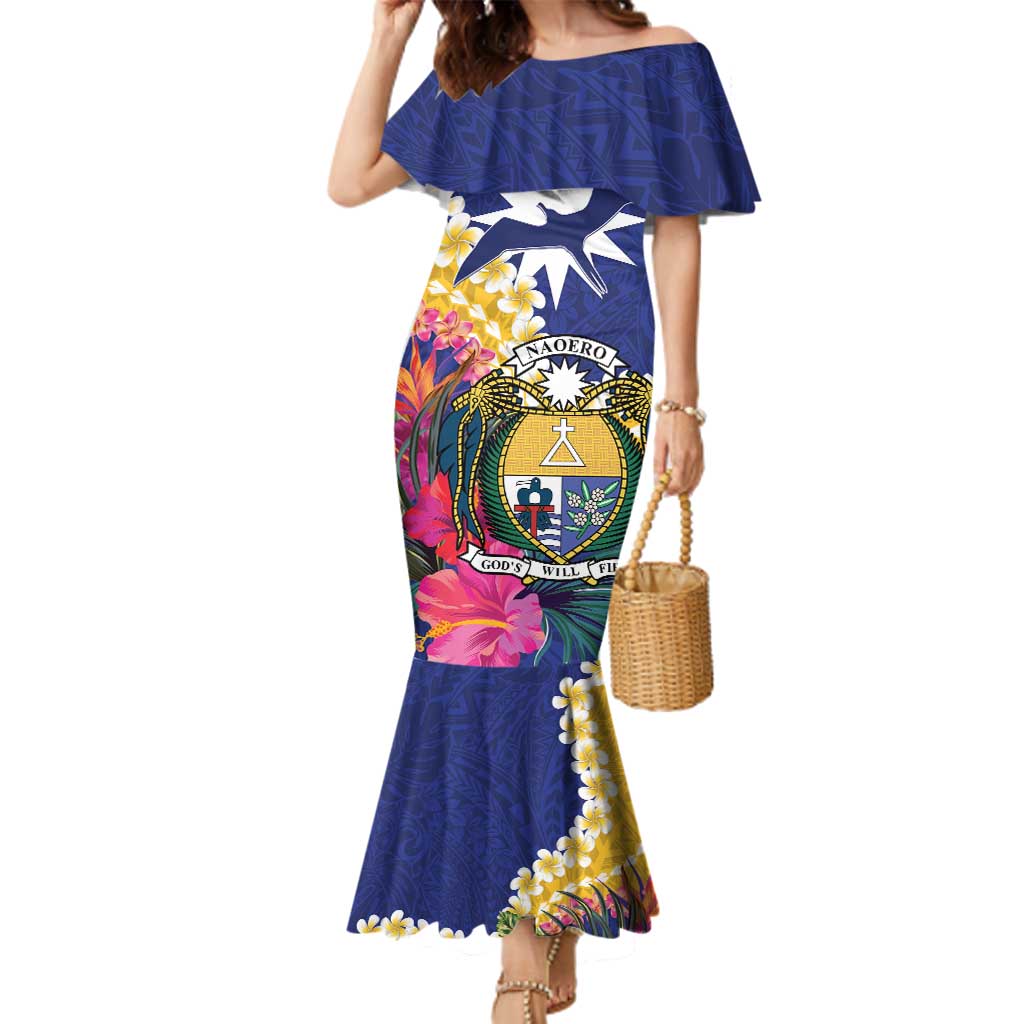Nauru Independence Day Family Matching Mermaid Dress and Hawaiian Shirt Coat Of Arms With Tropical Flowers LT14 Mom's Dress Blue - Polynesian Pride