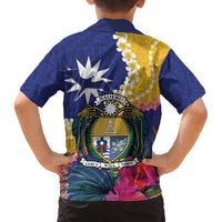 Nauru Independence Day Family Matching Off The Shoulder Long Sleeve Dress and Hawaiian Shirt Coat Of Arms With Tropical Flowers LT14 - Polynesian Pride