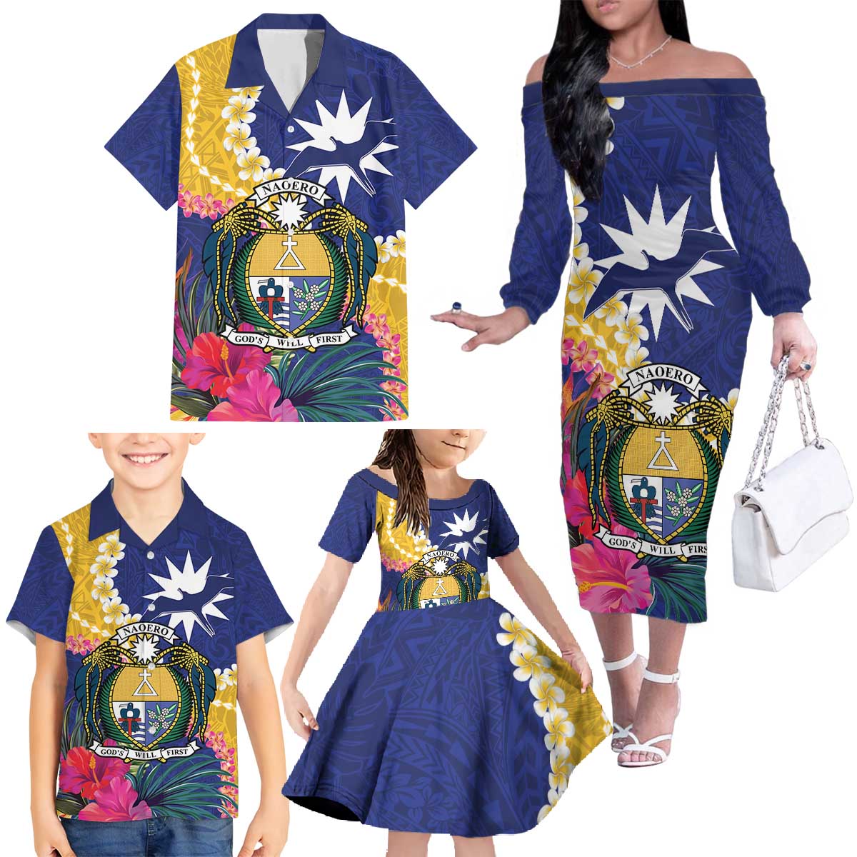 Nauru Independence Day Family Matching Off The Shoulder Long Sleeve Dress and Hawaiian Shirt Coat Of Arms With Tropical Flowers LT14 - Polynesian Pride