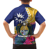 Nauru Independence Day Family Matching Off Shoulder Maxi Dress and Hawaiian Shirt Coat Of Arms With Tropical Flowers LT14 - Polynesian Pride