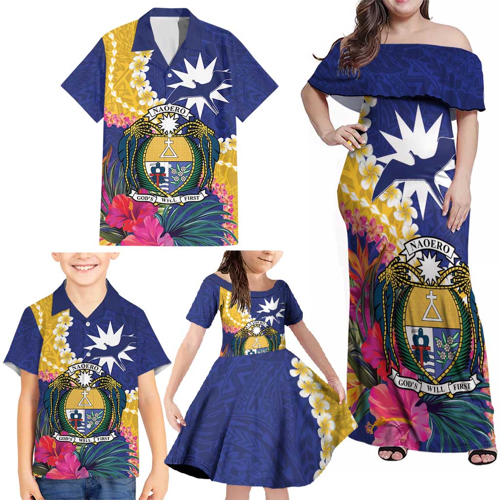 Nauru Independence Day Family Matching Off Shoulder Maxi Dress and Hawaiian Shirt Coat Of Arms With Tropical Flowers LT14 - Polynesian Pride