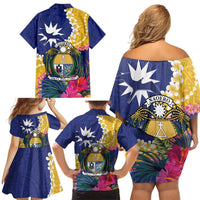 Nauru Independence Day Family Matching Off Shoulder Short Dress and Hawaiian Shirt Coat Of Arms With Tropical Flowers LT14 - Polynesian Pride