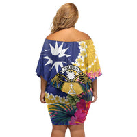 Nauru Independence Day Family Matching Off Shoulder Short Dress and Hawaiian Shirt Coat Of Arms With Tropical Flowers LT14 - Polynesian Pride