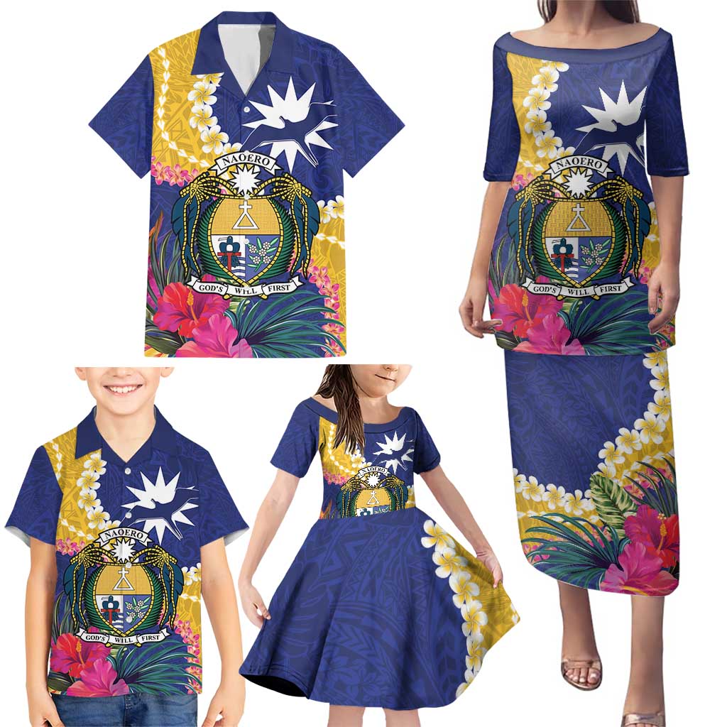 Nauru Independence Day Family Matching Puletasi and Hawaiian Shirt Coat Of Arms With Tropical Flowers LT14 - Polynesian Pride