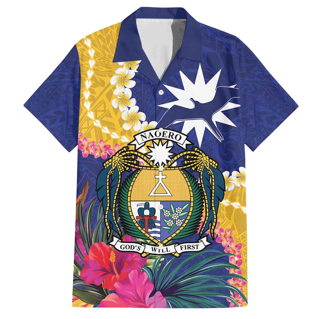 Nauru Independence Day Family Matching Puletasi and Hawaiian Shirt Coat Of Arms With Tropical Flowers LT14 Dad's Shirt - Short Sleeve Blue - Polynesian Pride