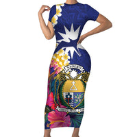 Nauru Independence Day Family Matching Short Sleeve Bodycon Dress and Hawaiian Shirt Coat Of Arms With Tropical Flowers LT14 Mom's Dress Blue - Polynesian Pride