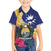 Nauru Independence Day Family Matching Short Sleeve Bodycon Dress and Hawaiian Shirt Coat Of Arms With Tropical Flowers LT14 Son's Shirt Blue - Polynesian Pride