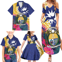 Nauru Independence Day Family Matching Summer Maxi Dress and Hawaiian Shirt Coat Of Arms With Tropical Flowers LT14 - Polynesian Pride