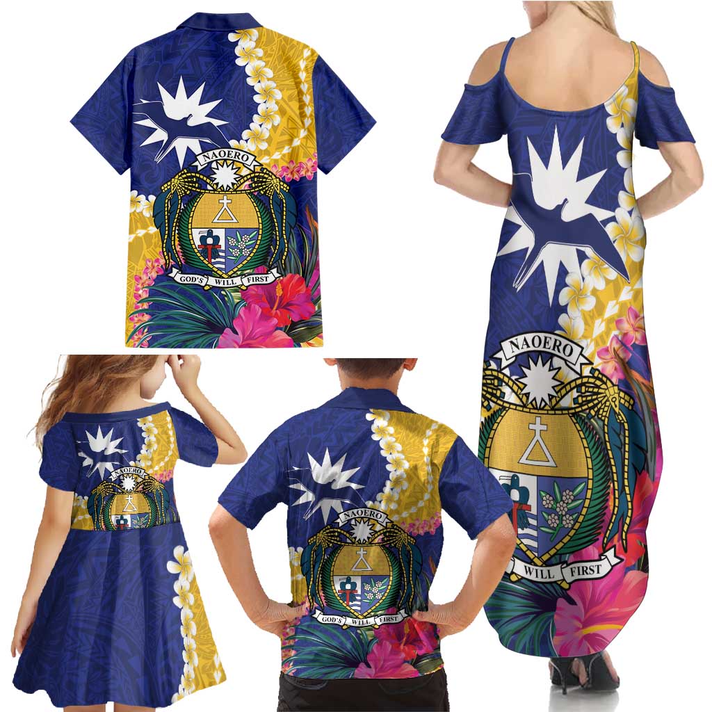 Nauru Independence Day Family Matching Summer Maxi Dress and Hawaiian Shirt Coat Of Arms With Tropical Flowers LT14 - Polynesian Pride