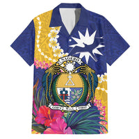 Nauru Independence Day Family Matching Summer Maxi Dress and Hawaiian Shirt Coat Of Arms With Tropical Flowers LT14 Dad's Shirt - Short Sleeve Blue - Polynesian Pride