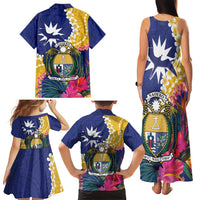 Nauru Independence Day Family Matching Tank Maxi Dress and Hawaiian Shirt Coat Of Arms With Tropical Flowers LT14 - Polynesian Pride