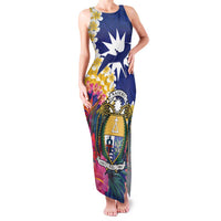 Nauru Independence Day Family Matching Tank Maxi Dress and Hawaiian Shirt Coat Of Arms With Tropical Flowers LT14 Mom's Dress Blue - Polynesian Pride
