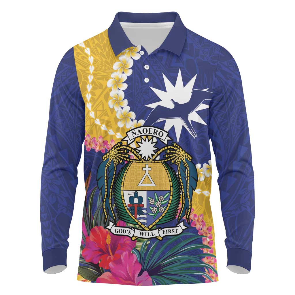 Nauru Independence Day Long Sleeve Polo Shirt Coat Of Arms With Tropical Flowers LT14 Blue - Polynesian Pride
