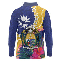 Nauru Independence Day Long Sleeve Polo Shirt Coat Of Arms With Tropical Flowers LT14 - Polynesian Pride