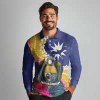Nauru Independence Day Long Sleeve Polo Shirt Coat Of Arms With Tropical Flowers LT14 - Polynesian Pride
