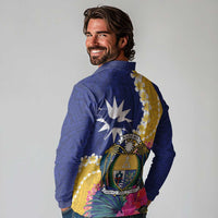Nauru Independence Day Long Sleeve Polo Shirt Coat Of Arms With Tropical Flowers LT14 - Polynesian Pride