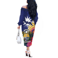 Nauru Independence Day Off The Shoulder Long Sleeve Dress Coat Of Arms With Tropical Flowers LT14 - Polynesian Pride