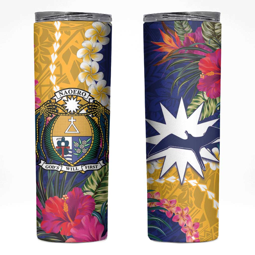Nauru Independence Day Skinny Tumbler Coat Of Arms With Tropical Flowers LT14 Blue - Polynesian Pride