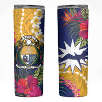 Nauru Independence Day Skinny Tumbler Coat Of Arms With Tropical Flowers LT14 Blue - Polynesian Pride