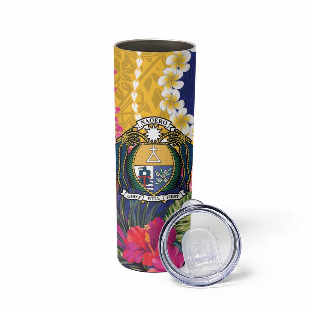 Nauru Independence Day Skinny Tumbler Coat Of Arms With Tropical Flowers LT14 - Polynesian Pride