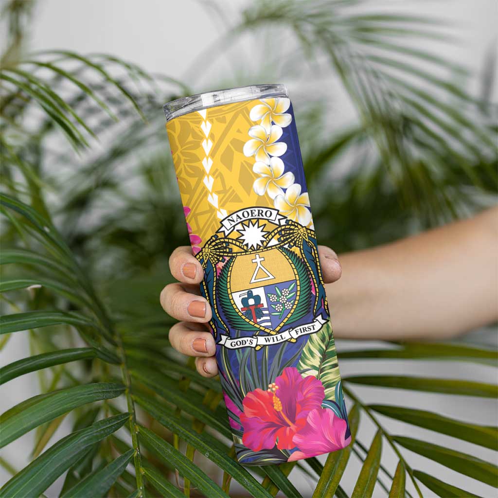 Nauru Independence Day Skinny Tumbler Coat Of Arms With Tropical Flowers LT14 - Polynesian Pride