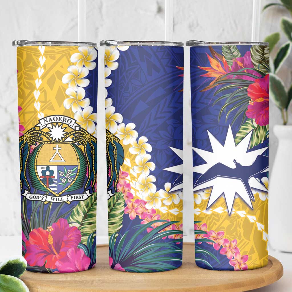 Nauru Independence Day Skinny Tumbler Coat Of Arms With Tropical Flowers LT14 - Polynesian Pride